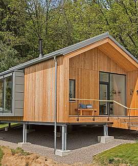 Modernes Holzhaus auf Stelzen in einer grünen Waldumgebung.